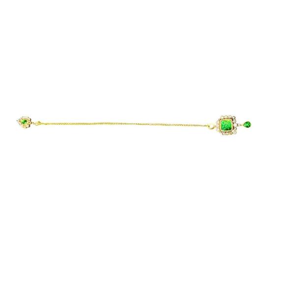 Vintage Gold Tone Necklace with Green Gemstone and Clear Crystal Accents
